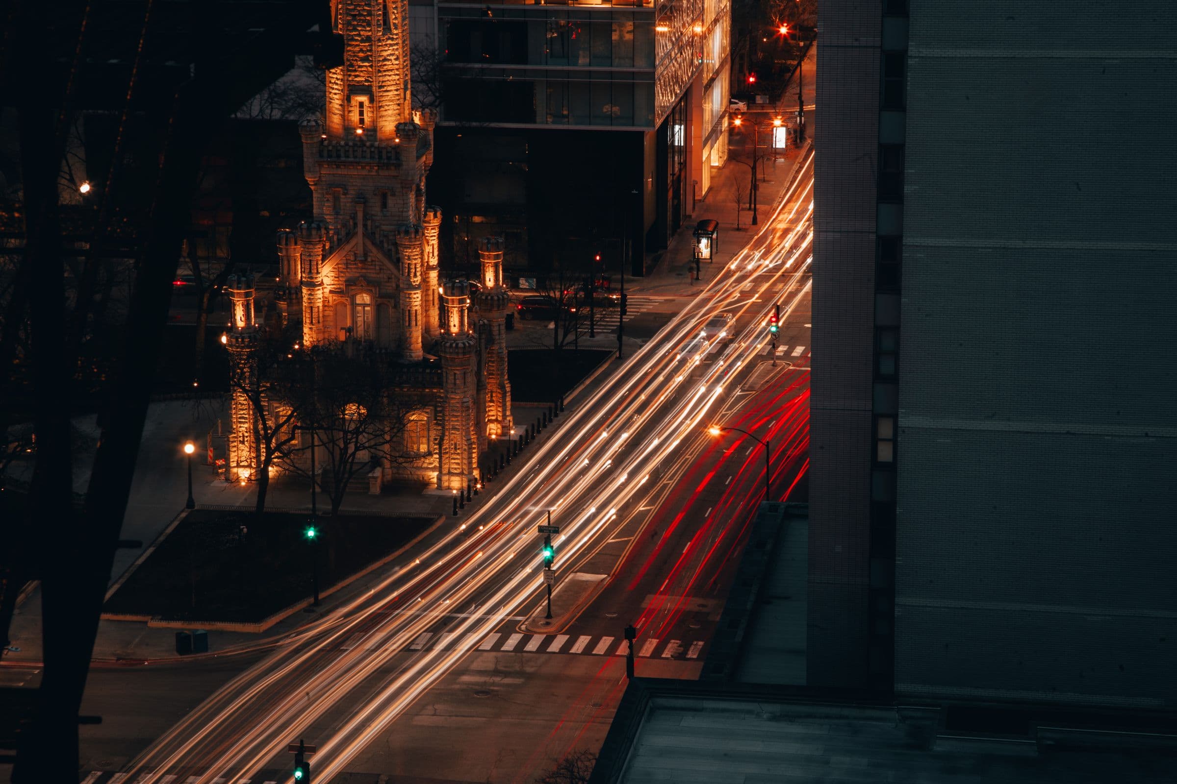 Chicago architecture and the lights of the city at dusk